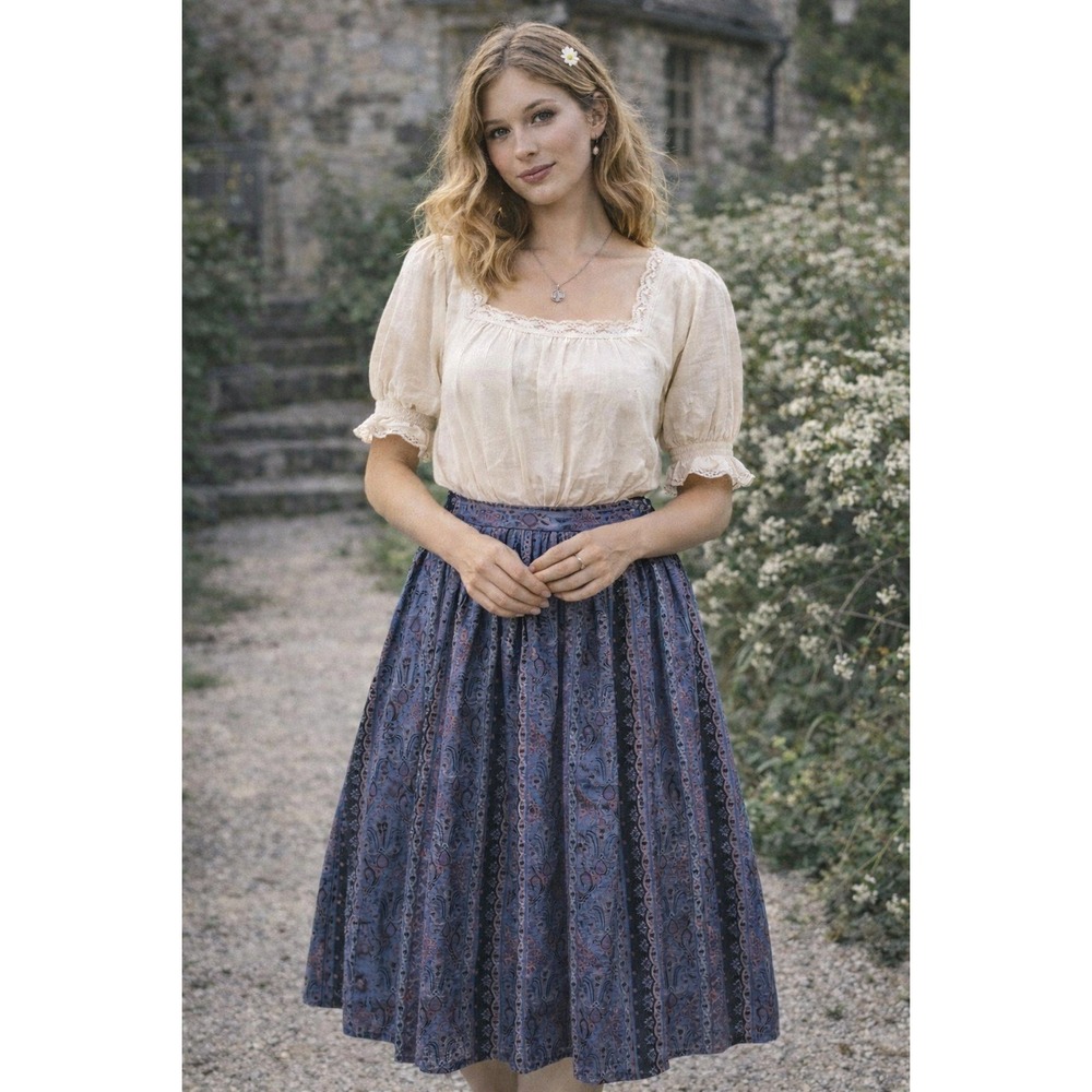 Vintage 90s Cottagecore Pleated Midi Skirt Women's Size 14  Prairie Paisley Boho